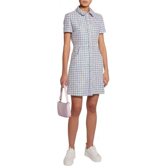 Maje Renizam Blue Metallic Multicolor Tweed Embossed Button Short Sleeve Dress - Picture 3 of 8